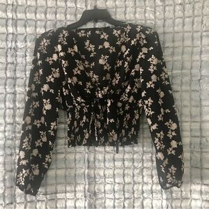 Love Tree Black Floral Blouse with‎ front tie